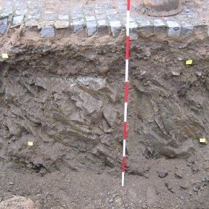 Obr. 152: Veveří – hrad 2017/01. Kanalizace. Vystupující skalní podloží ve výkopu pro kanalizaci – pohled od SV (foto P. Vitula).
