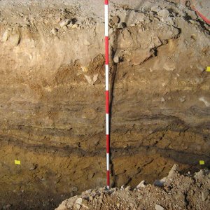 Obr. 161: Veveří – hrad 2017/01. Kanalizace. Profil výkopu s raně až vrcholně středověkým souvrstvím  v průjezdu hlavního paláce – pohled od S (foto P. Vitula).