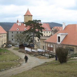 Obr. 215: Veveří – hrad 2021. Páteřní rozvody elektřiny. Výkopy ve střední části hradu – celkový pohled od Z (foto P. Vitula).