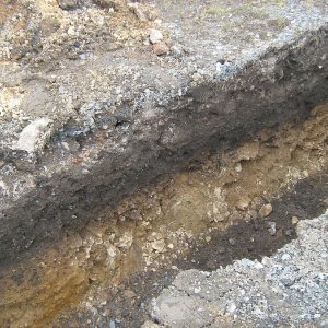 Obr. 223: Veveří – hrad 2021. Páteřní rozvody elektřiny. Výkop v SZ části přihrádku s černohnědou raně středověkou vrstvou z 1. pol. 13. stol.  – pohled od JV (foto P. Vitula).