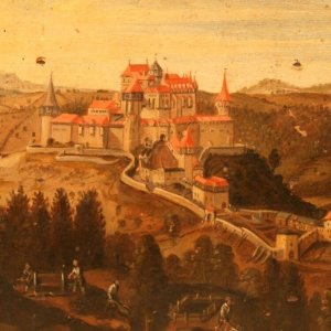 Obr. 7: Pernštejn – hrad po roce 1750.Historické vyobrazení na vedutě – celkový pohled od S.