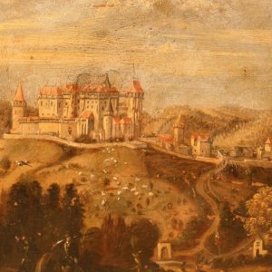 Obr. 8: Pernštejn – hrad po roce 1750. Historické vyobrazení na vedutě – celkový pohled od SV.