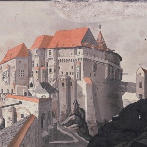 Obr. 9: Pernštejn – hrad 1806. Historické vyobrazení na vedutě F. Struffa – pohled od SV.