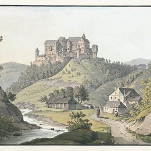 Obr. 10: Pernštejn – hrad 1817. Historické vyobrazení – pohled od V.