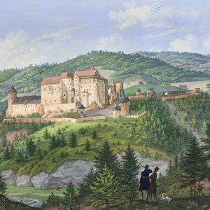 Obr. 12: Pernštejn – hrad 1826. Historické vyobrazení – pohled od V.