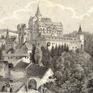 Obr. 13: Pernštejn – hrad 1843. Historické vyobrazení na perokresbě – pohled od SZ.