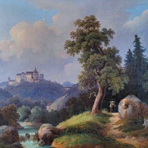 Obr. 14: Pernštejn – hrad 1851. Hstorické vyobrazení (Jonas) – pohled od V.