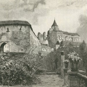 Obr. 15: Pernštejn – hrad – před rokem 1897. Historické vyobrazení barbakánu a hradu na perokresbě – pohled od Z