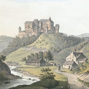 Obr. 17: Pernštejn – hrad – 19. stol. Hstorické vyobrazení – pohled od V.