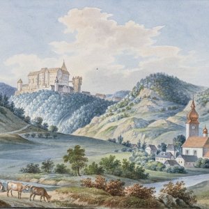 Obr. 18: Pernštejn – hrad – 19. stol. Historické vyobrazení – pohled od V.