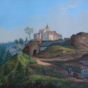 Obr. 19: Pernštejn – hrad – 19. stol. Historické vyobrazení předsunuté bašty, vstupní brány a hradu – pohled od SZ.