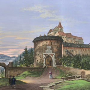 Obr. 20: Pernštejn – hrad – 19. stol. Historické vyobrazení barbakánu, bočního vstupu, sýpky a hradu – pohled od Z.