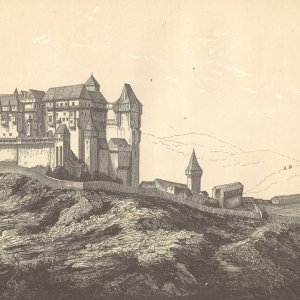 Obr. 21: Pernštejn – hrad – 19. stol. Historické vyobrazení na perokresbě – pohled od V.