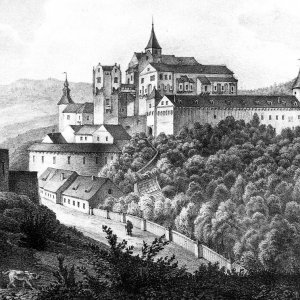 Obr. 22: Pernštejn – hrad – 19. stol. Historické vyobrazení na perokresbě – pohled od Z