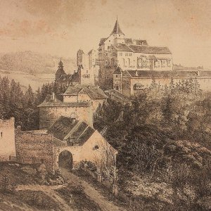 Obr. 23: Pernštejn – hrad – 19. stol. Historické vyobrazení na perokresbě – pohled od SZ.