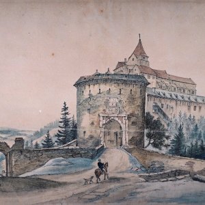 Obr. 24: Pernštejn – hrad – 19. stol. Historické vyobrazení barbakánu, bočního vstupu a hradu na kolorované perokresbě – pohled od SZ.