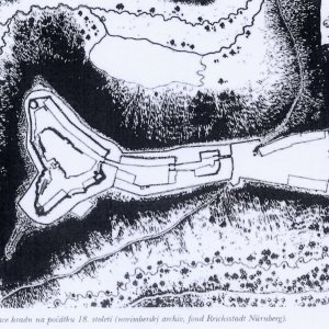 Obr. 25: Pernštejn – hrad – počátek 18. stol. Situace hradu na plánu z norimberského archivu (fond Reichsstadt Nürenberk).