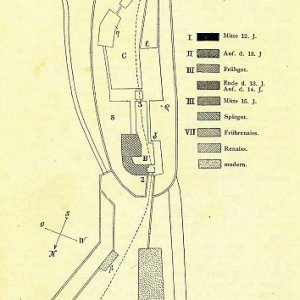 Obr. 28: Pernštejn – hrad 1888. Plán stavebně historického vývoje hradu (podle A. Prokopa).