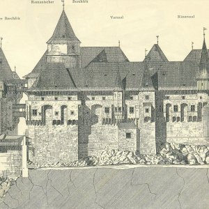 Obr. 29: Pernštejn – hrad 1888. Vyobrazení západní části hradního jádra na perokresbě – pohled od Z (podle A. Prokopa).
