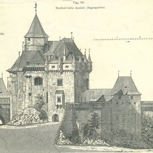 Obr. 30: Pernštejn – hrad 1888. Vyobrazení severozápadní části hradního jádra na perokresbě  – pohled od JV (podle A. Prokopa).