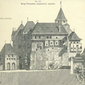 Obr. 31: Pernštejn – hrad 1888. Vyobrazení severovýchodní části hradního jádra na perokresbě A. Prokopa – pohled od JZ (podle A. Prokopa).