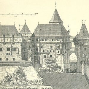 Obr. 32: Pernštejn – hrad 1888. Vyobrazení severní části hradního jádra na perokresbě – pohled od S (podle A. Prokopa).