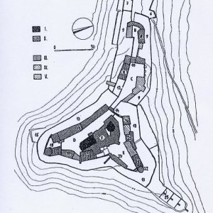 Obr. 36: Pernštejn – hrad 2001. Dnešní celková situace hradu s vyznačením stáří jednotlivých objektů (podle M. Plačka).