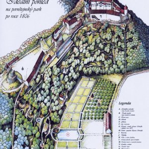 Obr. 42: Pernštejn – hrad – po roce 1806. Ideální pohled na pernštejnský park (podle P. Šimečka).