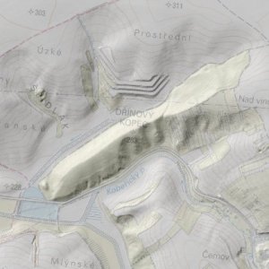 Ždánický les 2018. 114 - Kobeřice u Brna 1 (okr. Vyškov) - trať Dřínový kopec - hradiště - starší doba bronzová. Terénní relikty na mapě Analýzy výškopisu 5G stínovaného reliéfu (Zeměměřický úřad na Geoportálu ČÚZK).