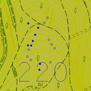 Ždánický les 2018. 220 - Bošovice 4 (okr. Vyškov) - trať Křesťanov - mohylové pohřebiště - mladší doba bronzová, starší doba železná. Schematické zaměření jednotlivých mohyl (modrá barva) pomocí GPS na podkladu ZM 1:10 000. Druhotně porušené násypy mohyl jsou modře vybarvené.