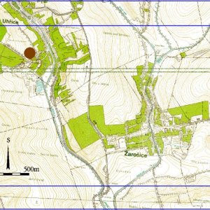 Ždánický les 2018. Mapový list 5-7. 329 - Uhřice 1 (okr. Hodonín) - trať u kostela - tvrz - nedochovaná - středověk.