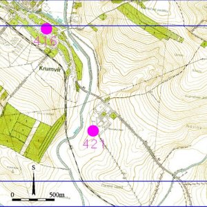 Ždánický les 2018. Mapový list 8-6. 416 - Krumvíř 1 (okr. Břeclav) - intravilán obce - zaniklá vesnice Krumvíř - středověk; 421 - Krumvíř 2 (okr. Břeclav) - trať U rovinského dvora, Panský újezd - zaniklá vesnice Kloboučky - středověk.