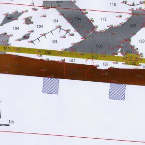 Náměšť nad Oslavou 2007. Sektor 1-2 – schematický plán odkrytých archeologických situací s kontexty č. 104, 105, 107, 113, 119, 700, 902, 903, 904, 905, 906, 910, 913 (šedá barva - kamenné relikty, hnědá barva - kamenocihelné relikty, oranžová barva - cihelné relikty, světlemodrá barva - relikty podlah, žlutozelená barva - kamenina, černá barva - terénní hrany, tmavozelená barva - současné výkopy, světlezelená barva - pořadová čísla geodeticky zaměřených bodů, fialová barva - absolutní nadmořské výšky geodeticky zaměřených bodů).