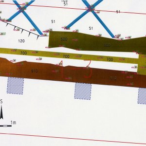 Náměšť nad Oslavou 2007. Sektor 1-3 – schematický plán odkrytých archeologických situací s kontexty č. 51, 500, 700, 910, 913 (šedá barva - kamenné relikty, hnědá barva - kamenocihelné relikty, oranžová barva - cihelné relikty, světlemodrá barva - relikty podlah, žlutozelená barva - kamenina, černá barva - terénní hrany, tmavozelená barva - současné výkopy, světlezelená barva - pořadová čísla geodeticky zaměřených bodů, fialová barva - absolutní nadmořské výšky geodeticky zaměřených bodů).