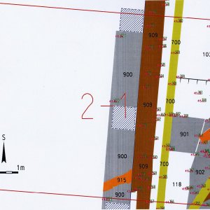 Náměšť nad Oslavou 2007. Sektor 2-1 – schematický plán odkrytých archeologických situací s kontexty č. 103, 114, 117, 118, 700, 900, 901, 902, 911 (šedá barva - kamenné relikty, hnědá barva - kamenocihelné relikty, oranžová barva - cihelné relikty, světlemodrá barva - relikty podlah, žlutozelená barva - kamenina, černá barva - terénní hrany, tmavozelená barva - současné výkopy, světlezelená barva - pořadová čísla geodeticky zaměřených bodů, fialová barva - absolutní nadmořské výšky geodeticky zaměřených bodů).