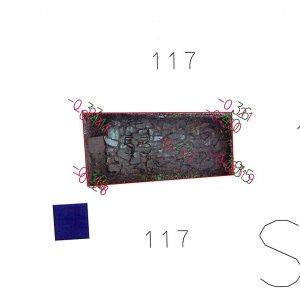 Obr. 67: Uherčice 1/2014-15 – sonda č. 3 – fotoplán.  Vstupní nádvoří - SZ část – v novověké  vrstvě č. 117 byla odkryta kamenná štětová dlažba č. 53 a cihelná dlaždice (zhotovil P. Vitula).