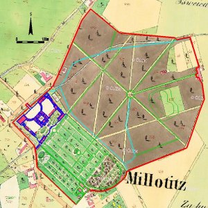 Obr. 8. Milotice. Vektorový georeferencovaný plán půdorysu zámeckého areálu s přilehlým parkem na rastrovém transformovaném podkladu císařského otisku indikační skicy z let 1824-1846 (zdroj MZA Brno).