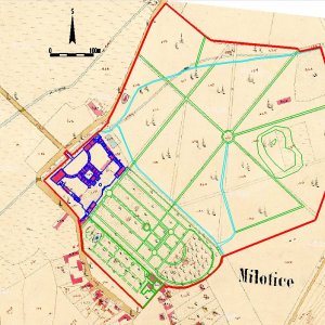 Obr. 9: Milotice. Vektorový georeferencovaný plán půdorysu zámeckého areálu s přilehlým parkem na rastrovém transformovaném podkladu katastrální mapy z let 1826-1856 (zdroj MZA Brno).