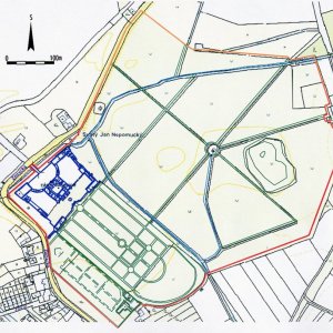 Obr. 10: Milotice. Vektorový georeferencovaný plán půdorysu zámeckého areálu s přilehlým parkem na rastrovém transformovaném podkladu současné katastrální mapy (zdroj geoportál ČÚZK).